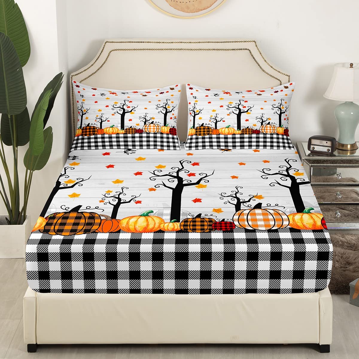 Erosebridal Fall Pumpkin Harvest Bed Sheets Queen Size Black White Plaid Sheet Set For Kids Boys Halloween Maple Leaves Autumn F