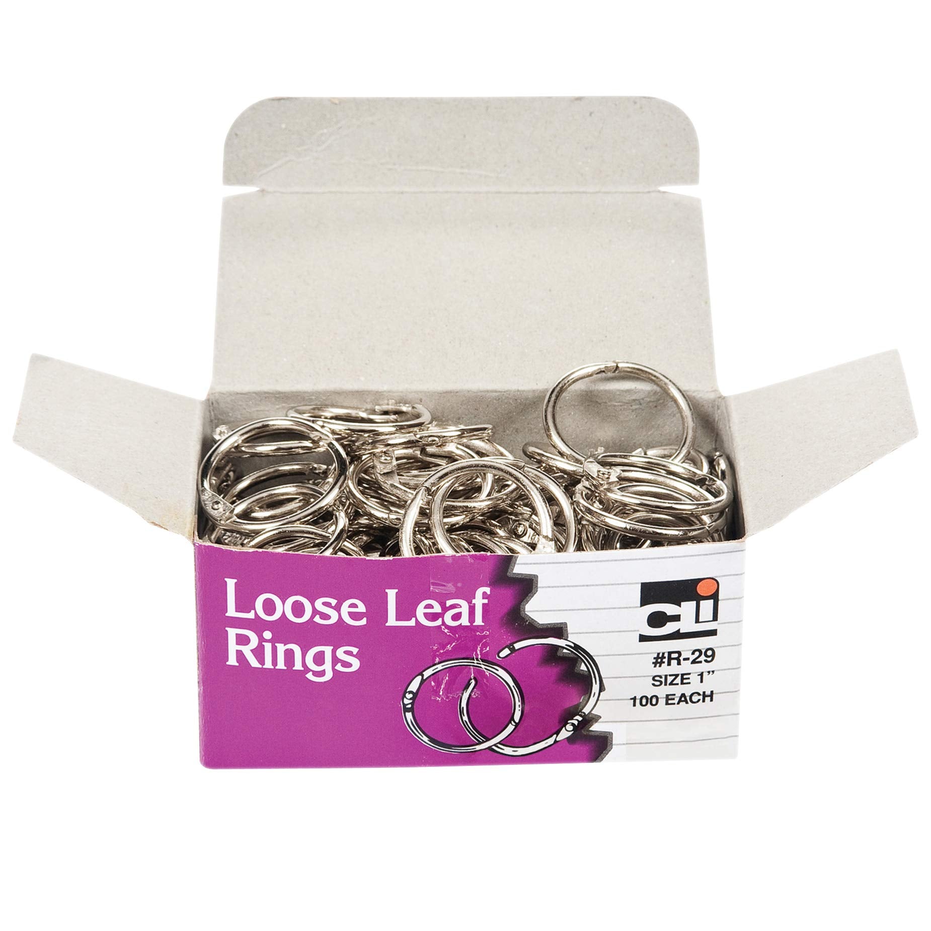 Charles Leonard Loose Leaf Rings With Snap Closure, Nickel Plated, 1 Inch Diameter, Silver, 100-Pack (R-29)