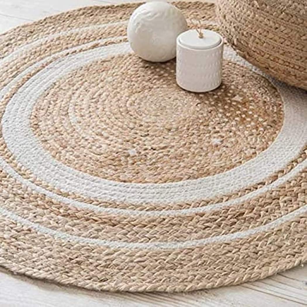 AIESY Handwoven Jute and Cotton Rug, Jute White, 80 cm Round