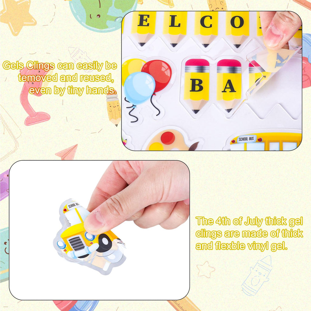 Jarthenaamcs 40Pcs Welcome Back To School Thick Gel Clings Gnome Apple Pencil Book Bus Window Stickers Assorted Cartoon Window D