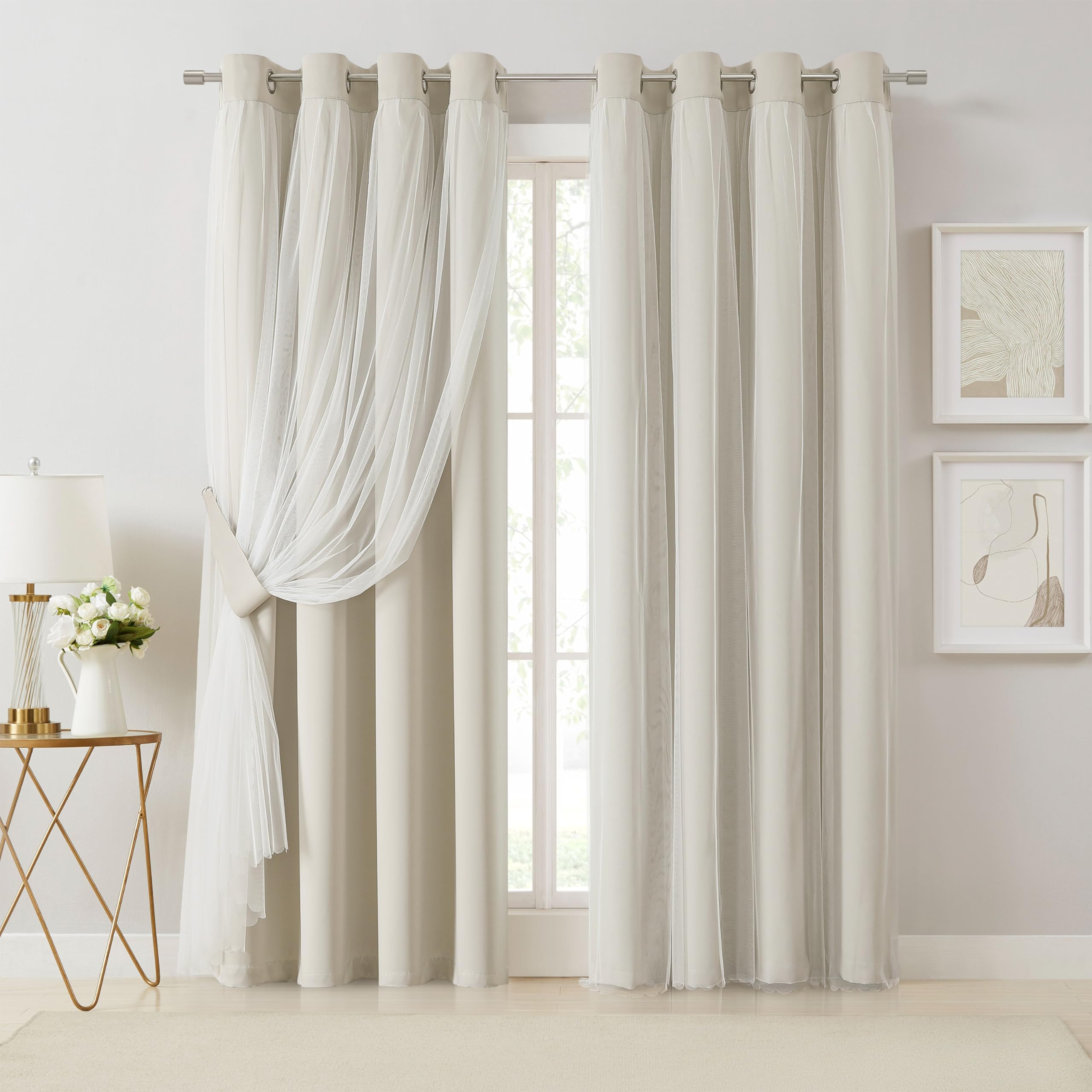 Bujasso Beige 80% Blackout Curtains with Sheer Overlay Mix and Match Double Layer Thermal Insulated Window Panels 84 inch for Living Room Bedroom Beige Drapes with Tiebacks Grommet Top 54 Wx84 Lx2
