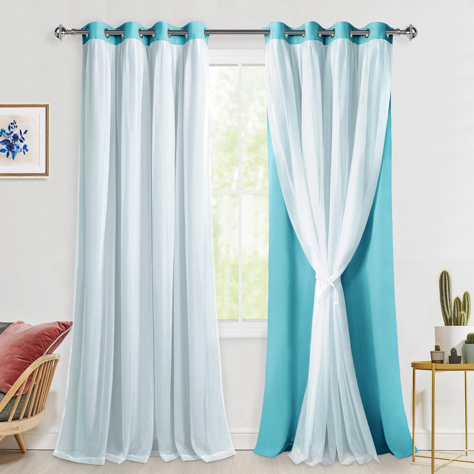 Hiasan Blackout Curtains with Sheer Overlay, Thermal Insulated Sun Blocking Grommet Window Curtains for Bedroom, Living Room, Ki