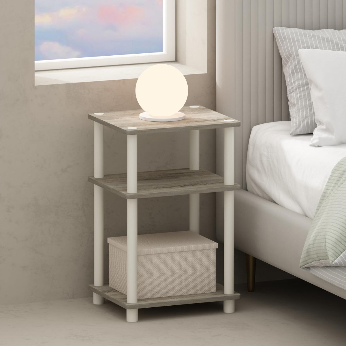 Furinno Just 3-Tier Turn-N-Tube Open Storage Nightstand, 1-Pack, Plastic Poles, Sonoma Oak/White