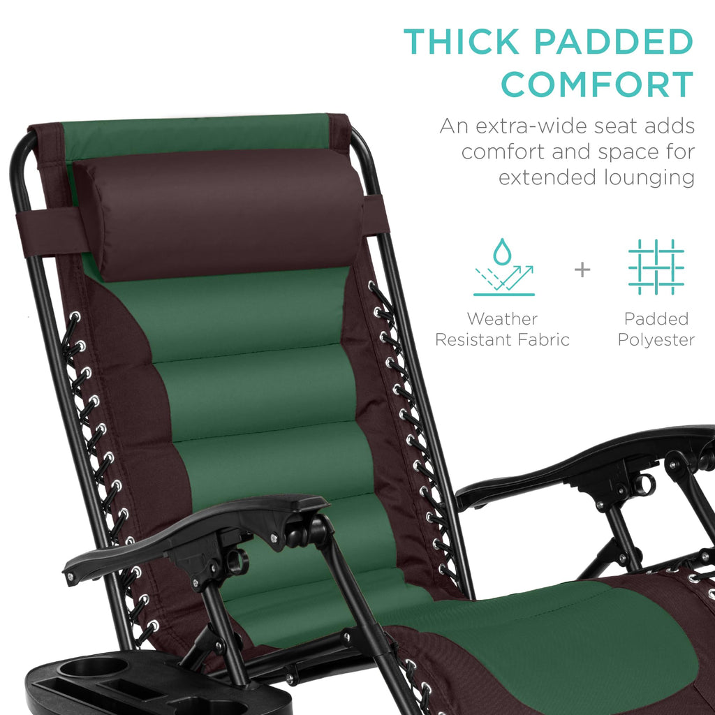 Best Choice Products Oversized Padded Zero Gravity Chair, Folding Outdoor Patio Recliner, Xl Anti Gravity Lounger For Backyard W/Headrest, Cup Holder, Side Tray, Polyester Mesh - Espresso/Green