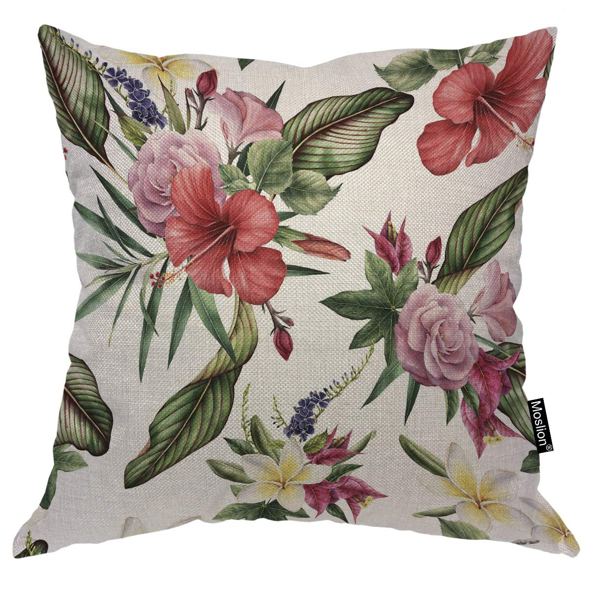 Moslion Floral Decorative Pillow Covers 16x16 Inch Lavender Hibiscus Flower Tropical Palm Tree Leaves Throw Pillow Case Cotton L