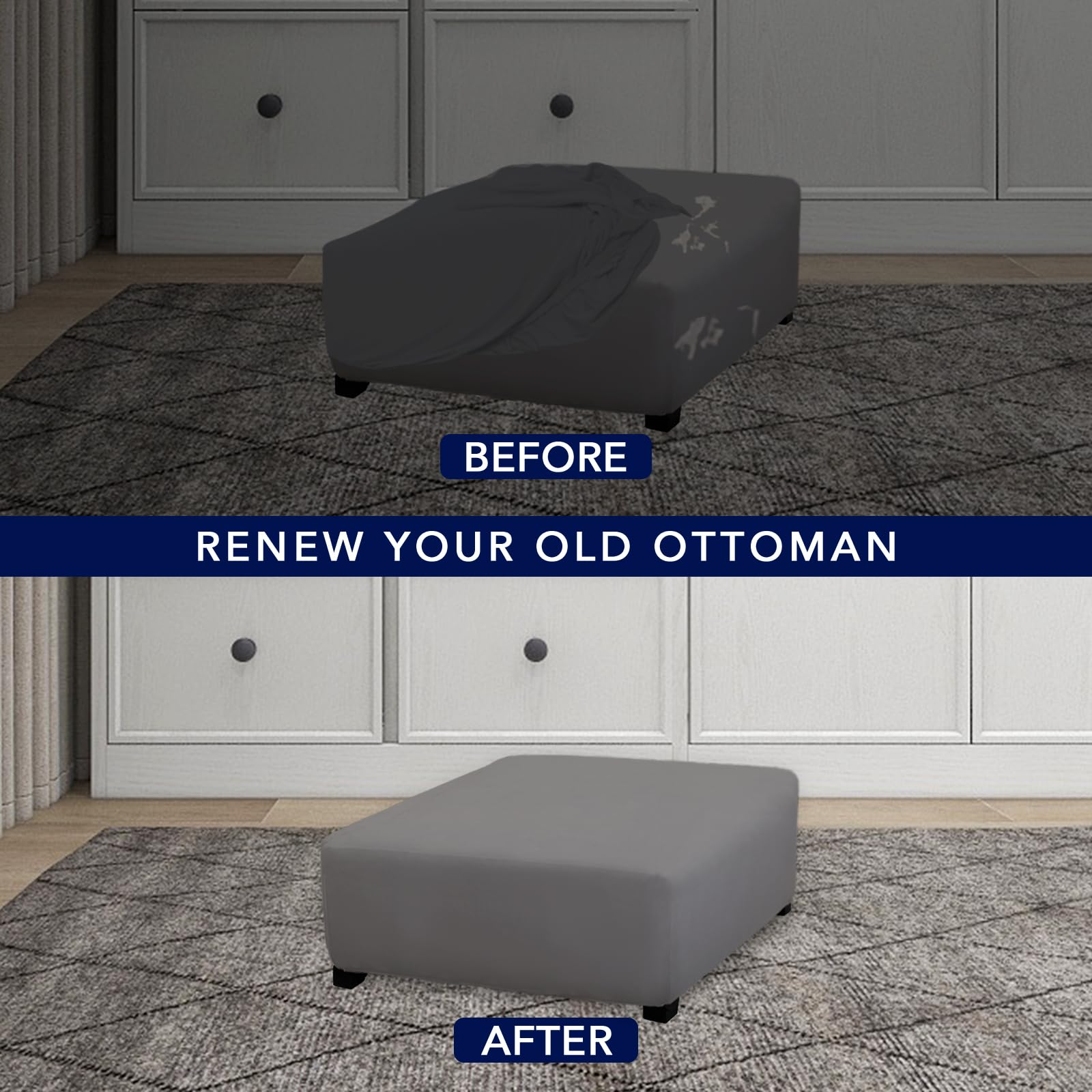 Purefit Super Stretch Form Fit Square Ottoman Cover Rectangle - Ottoman Slipcovers For Foot Stool & Folding Storage Furniture For Living Room With Nonslip Elastic Bottom (Medium-Xl, Gray)