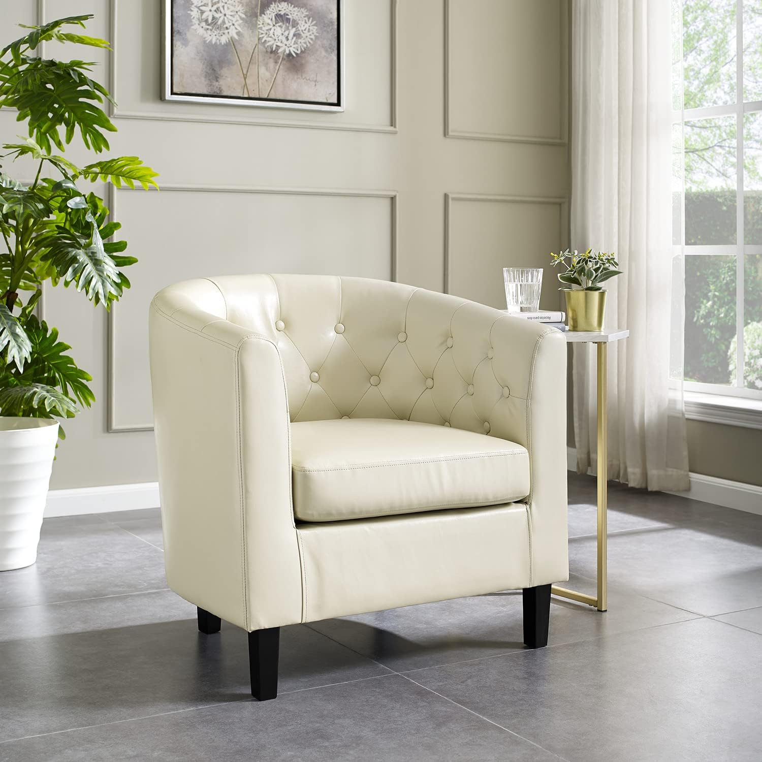 Naomi Home Emma Accent Chair Button Tufted Faux Leather Barrel Chair Midcentury Modern Accent Comfy Armchair Tub Barrel Chairs F