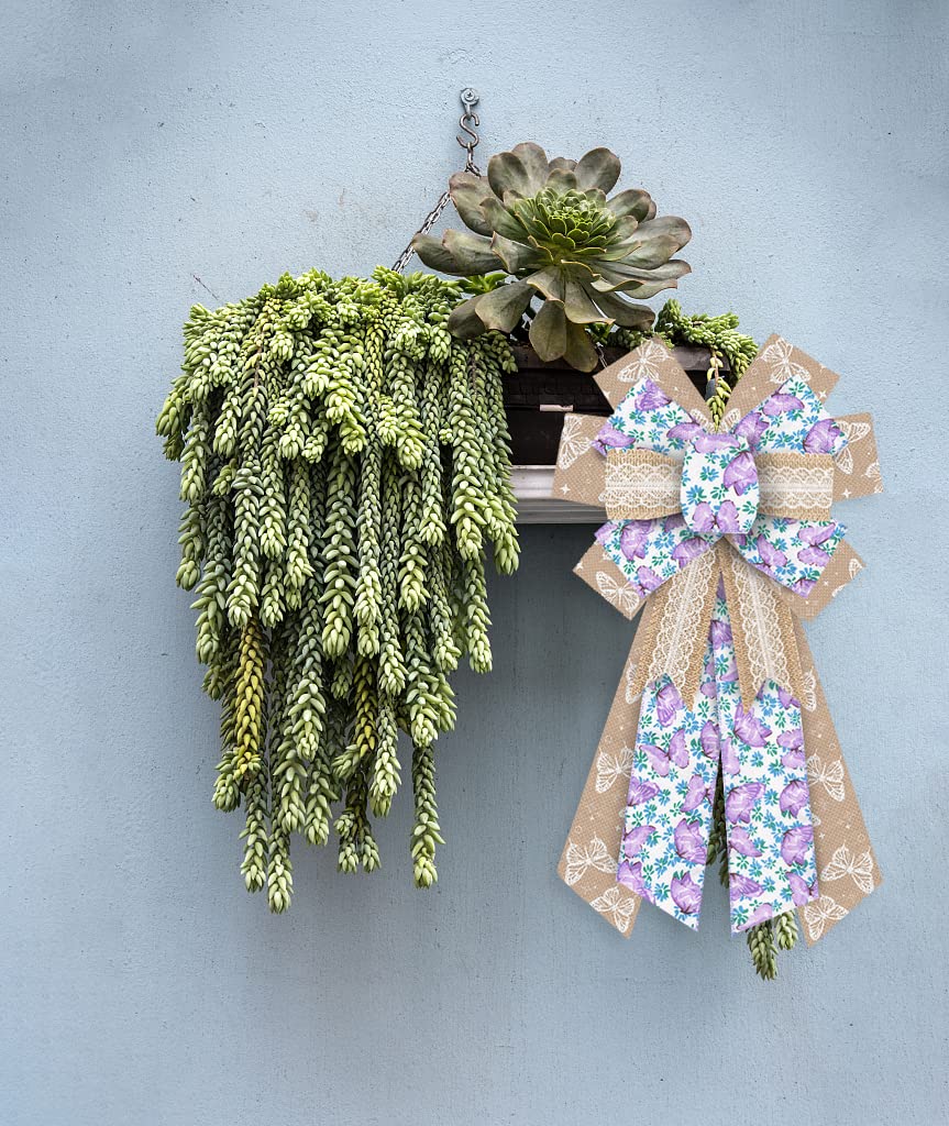 Large Spring Wreath Bows Purple Butterfly Burlap Bows For Wreath, Blue Brown Lace Flowers Ribbon Bows Spring Retro Flowers Decor