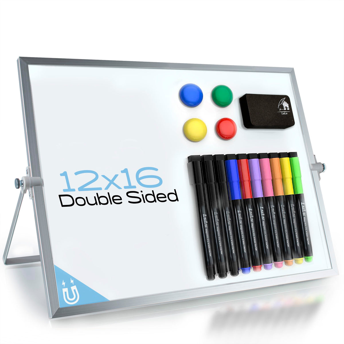 Lulu Office Dry Erase Whiteboard, 16X12In Magnetic Double-Sided Easel, Stand, 10 Markers, 4 Magnets, Eraser Silver