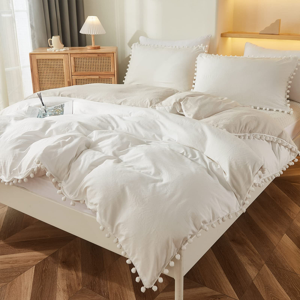 Bedbay Queen Duvet Cover Cute Bedding Pom Pom Fringe Duvet Cover Set Boho Duvet Cover Bedding Set Queen Size Preppy Bedding Soft