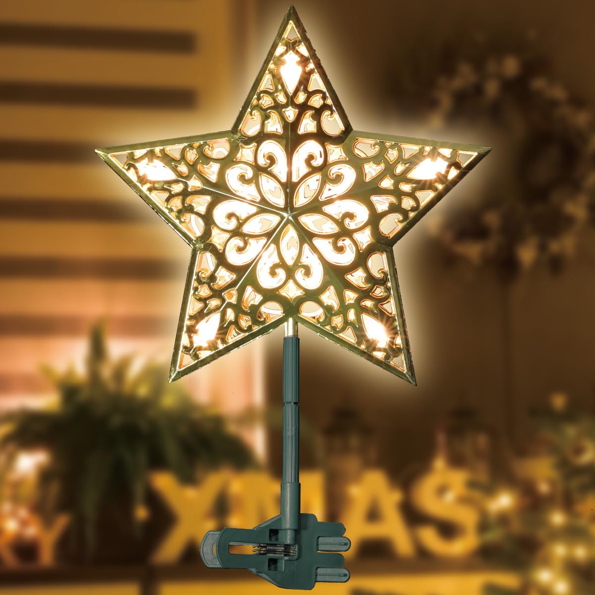 LAMPHOME 9.5 20L Lighted Gold Glitter Christmas Star Tree Topper,Star Shaped Decorative Tree Topper, Gold Finish,Warm White