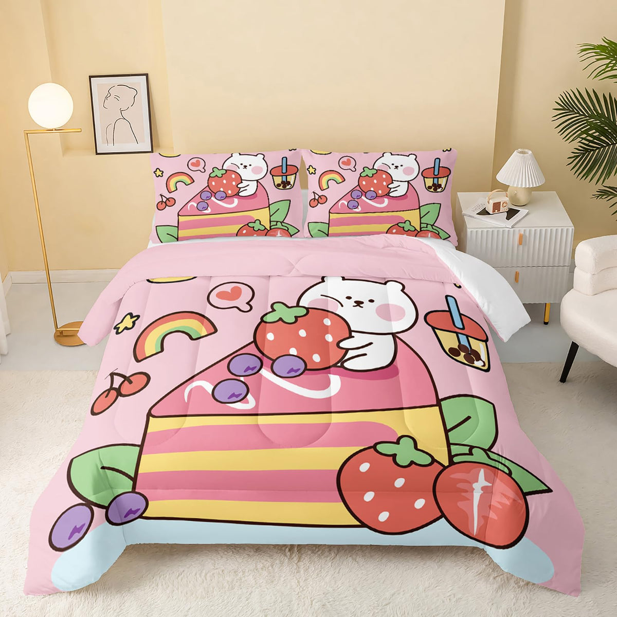 Qoomo Kawaii Bear Comforter Queen,Pink Bear Comforter Set For Kids Teens Girls,3Pcs Bedding Set Printed Comforter With 2 Pillowc