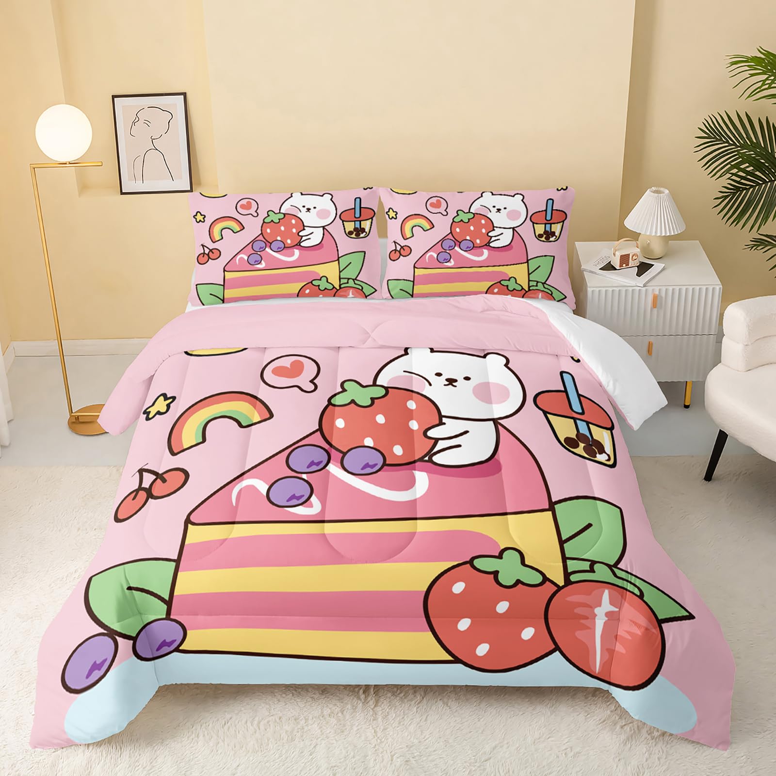 Qoomo Kawaii Bear Comforter Queen,Pink Bear Comforter Set For Kids Teens Girls,3Pcs Bedding Set Printed Comforter With 2 Pillowc
