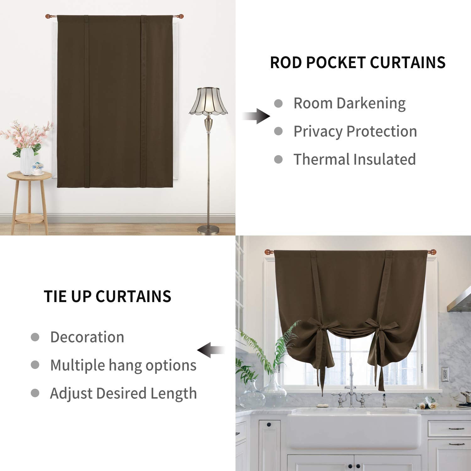 Dwcn Tie Up Curtain-Thermal Insulated Room Darkening Blackout Curtains For Livingroom Bedroom And Dining Room, Brown, W42 X L63