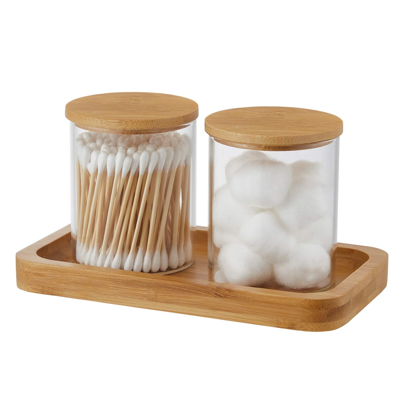 INIUNIK Glass Qtip Holder with Vanity Tray, Apothecary Jars Bathroom Accessories Bathroom Canisters Organizer Countertop Q Tip H