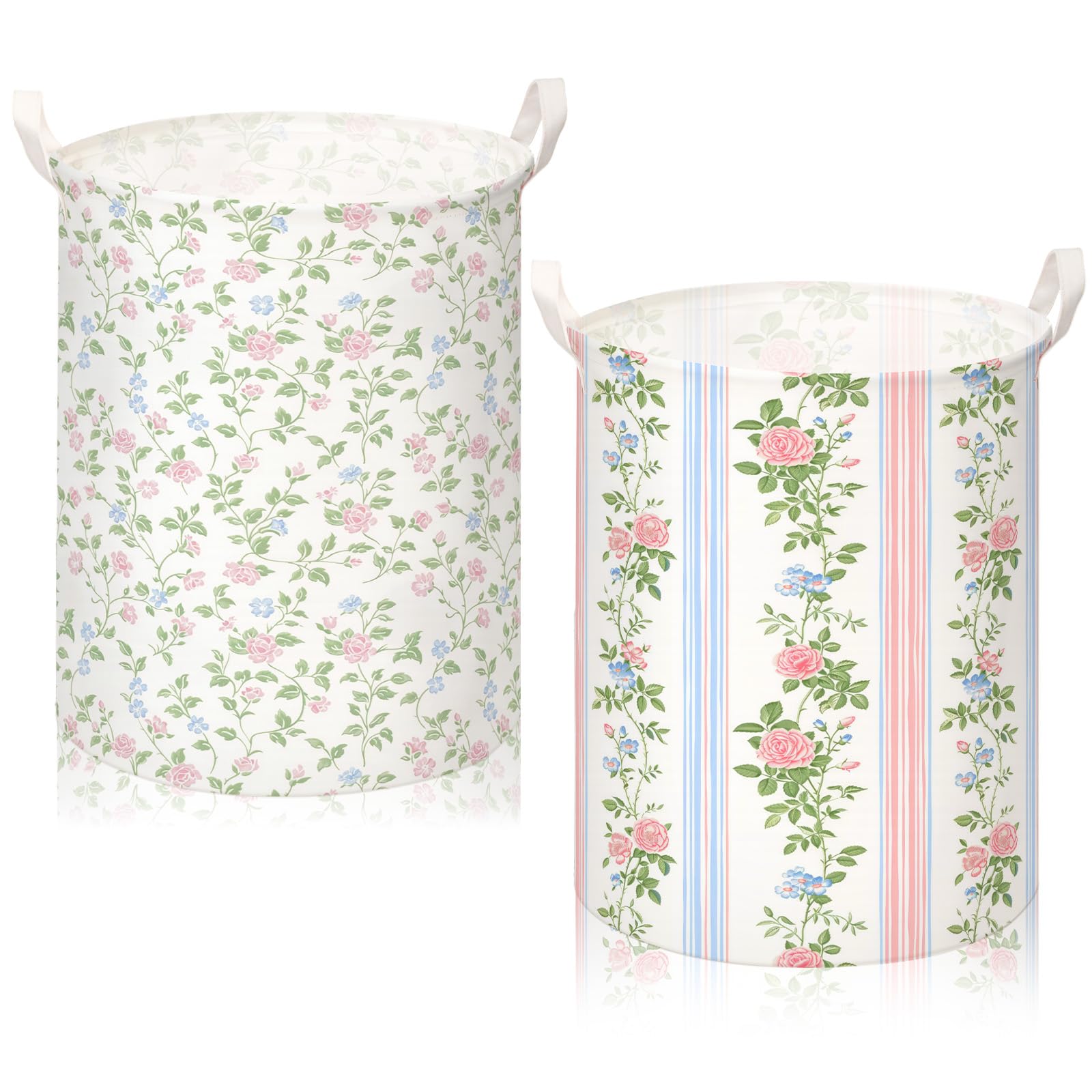 CroBlissful 2 Pcs Floral Laundry Basket Coquette Storage Basket for Girls Flower Nursery Hamper with Handles Foldable Waterproof