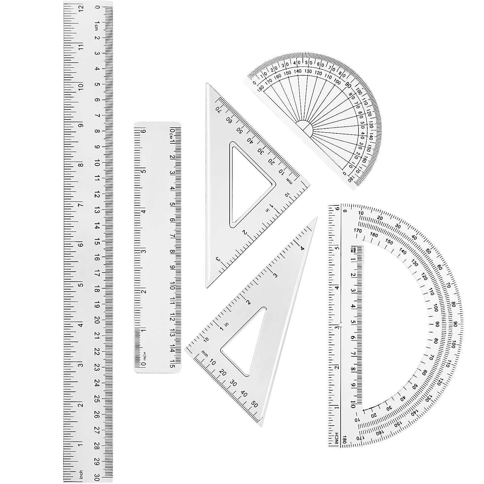 Tenare 6 Pcs Plastic Clear Math Set Includes Protractor Triangle Rulers 12 Inch 6 Inch Straight Geometry Math Transparent Ruler