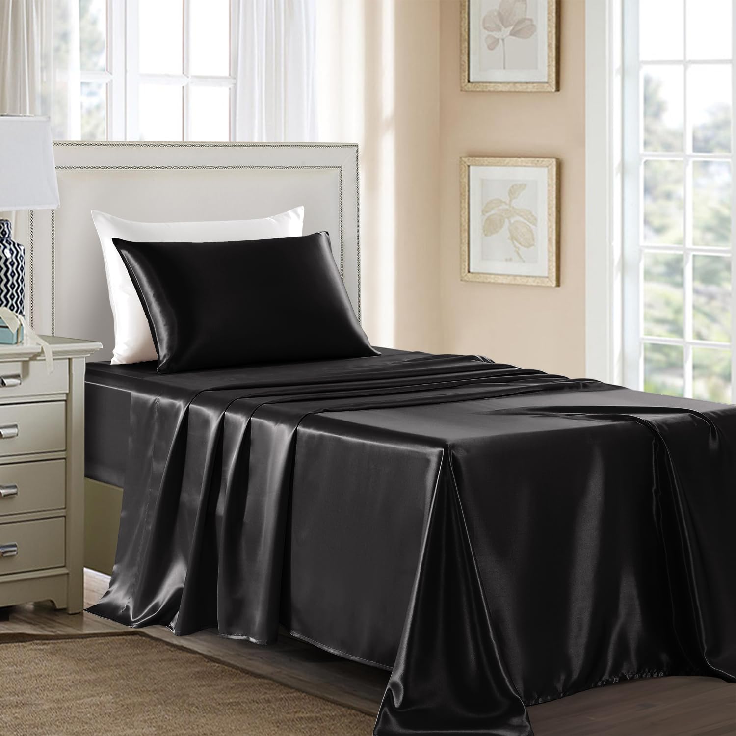 Golal Satin Sheets Twin Size - 3 Pieces Luxury Silky Soft Bed Sheets For Kids, Wrinkle-Free Black Satin Silk Sheet Set With 1 Deep Pocket Fitted Sheet, 1 Flat Sheet, 1 Pillow Case
