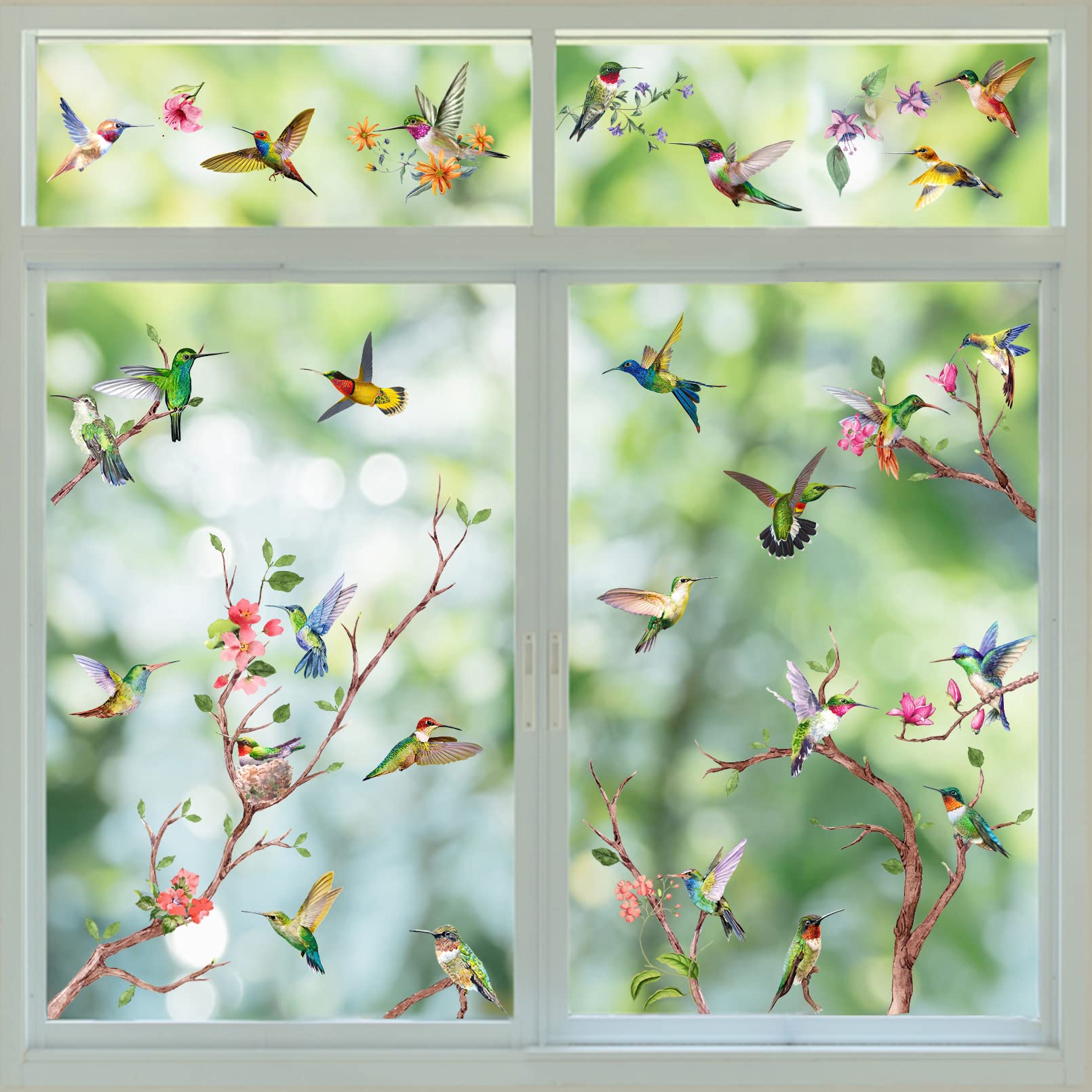 Yovkky Spring Summer Hummingbirds Tree Branches Window Clings 9 Sheets, Prevent Bird Strikes Flowers Stickers Decal Decor, Anti-