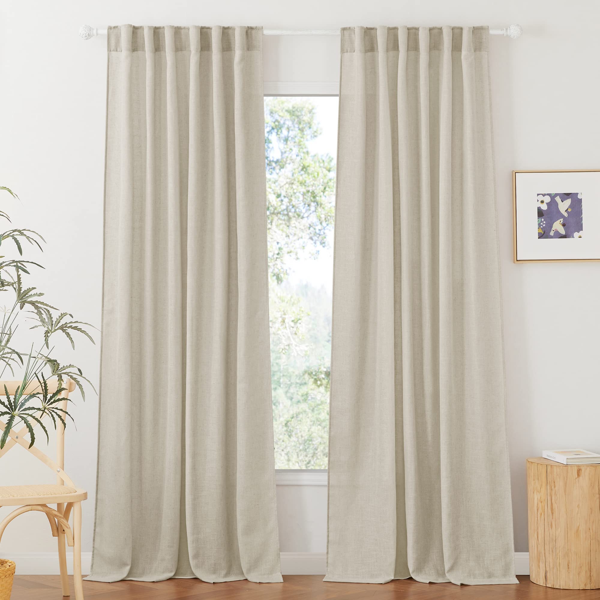 Ryb Home Natural Beige Linen Sheer Curtains 84 Inches Long For Bedroom And Living Room, Back Tab/Rod Pocket, Light Filtering Sheer Curtains And Drapes, W 52 X L 84 Inches, 2 Panels Set