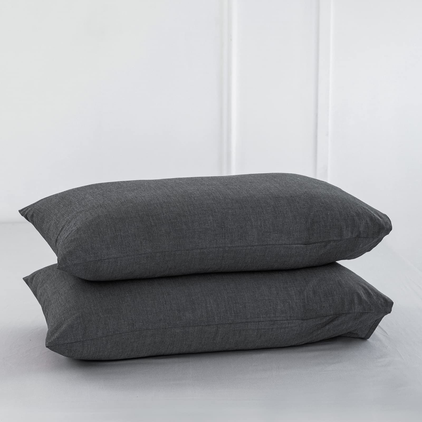Moomee Bedding Pillowcases Pack Of 2 100% Washed Cotton Linen Like Textured Breathable Durable Soft Comfy (Dark Grey, King)