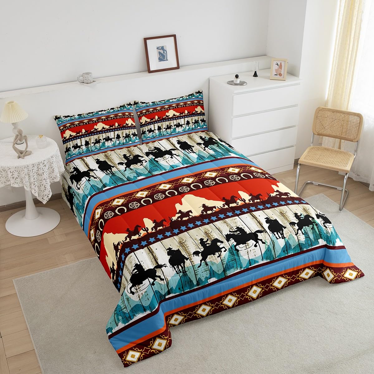 Feelyou Kids Queen Aztec Red Comforter Queen Size, Southwestern Cowboys Comforter Set For Boys Girls Horse Bedding Set Boho Trib