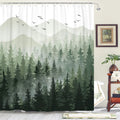 Accnicc Green Misty Forest Shower Curtain Set Ombre Sage Green White Waterproof Fabric Shower Curtains Nature Tree Mountain Wood