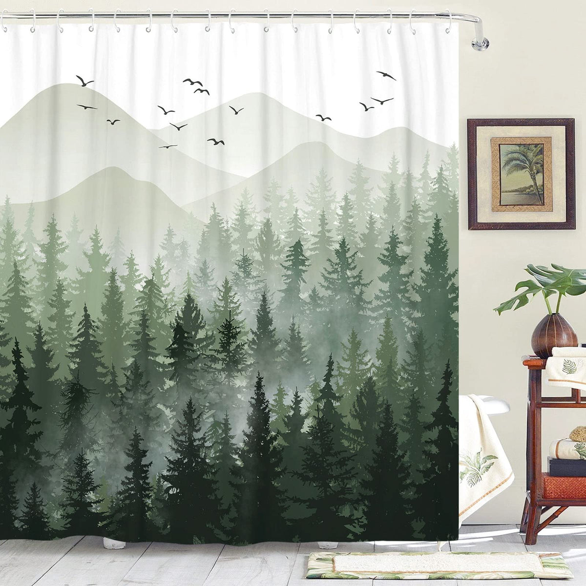 Accnicc Green Misty Forest Shower Curtain Set Ombre Sage Green White Waterproof Fabric Shower Curtains Nature Tree Mountain Wood