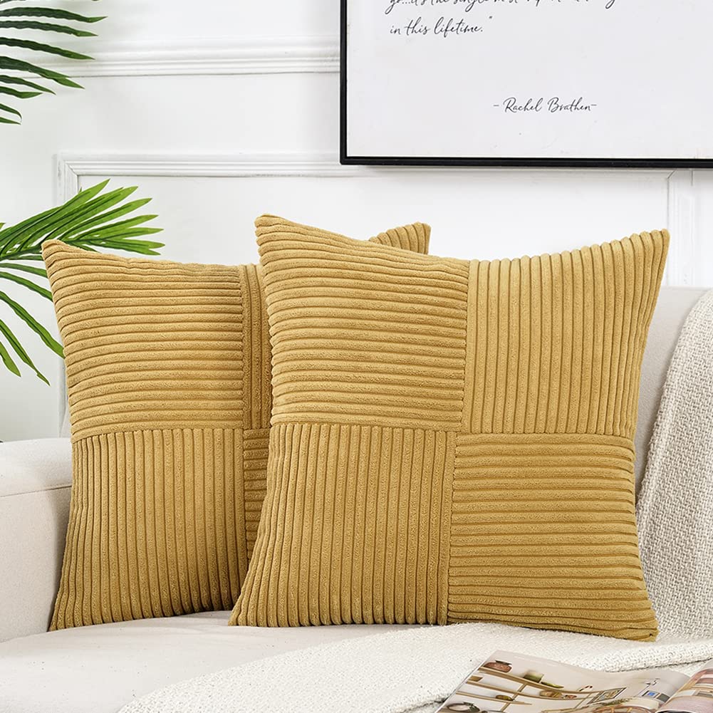 Fancy Homi 2 Packs Mustard Yellow Decorative Throw Pillow Covers 18X18 Inch For Living Room Couch Bed, Farmhouse Boho Home Decor