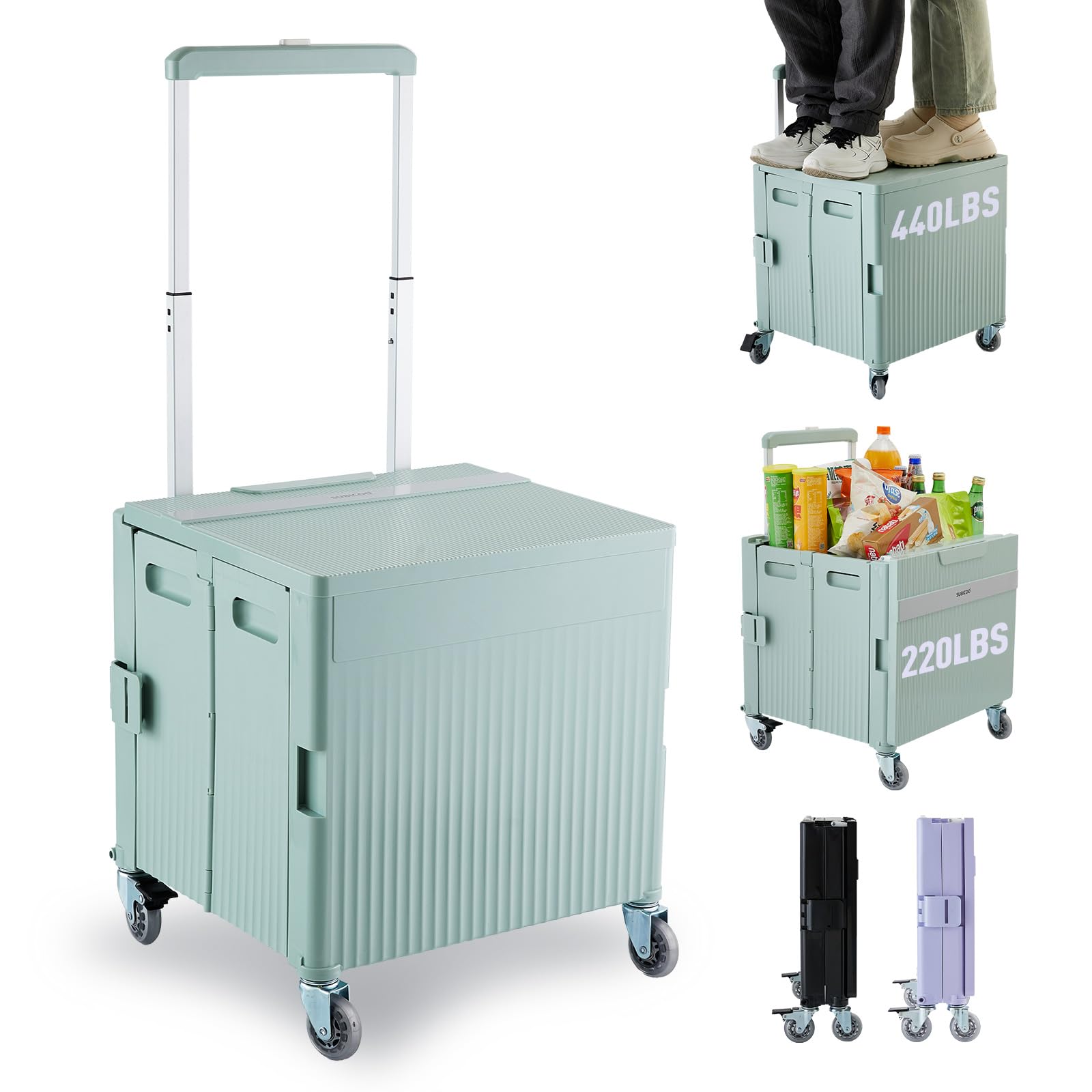 Folding Utility Cart Portable Rolling Crate Handcart Shopping Trolley Collapsible Tool Box, with Lid, on Rotate Wheels, for Groc