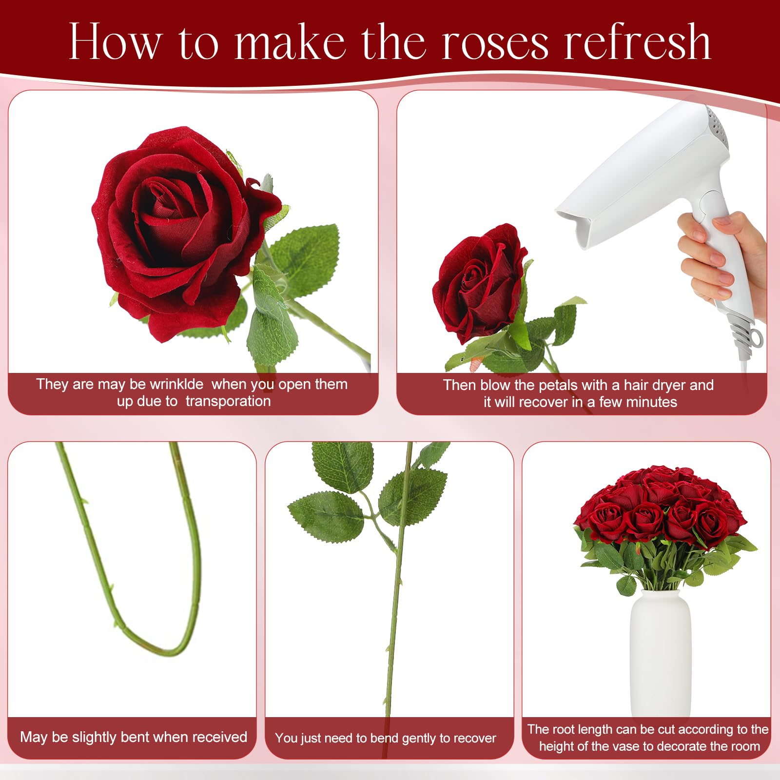 50 Pcs Artificial Rose Flower Realistic Silk Roses With Stem Bouquet Of Flowers Plastic Flowers Real Looking Fake Roses For Home