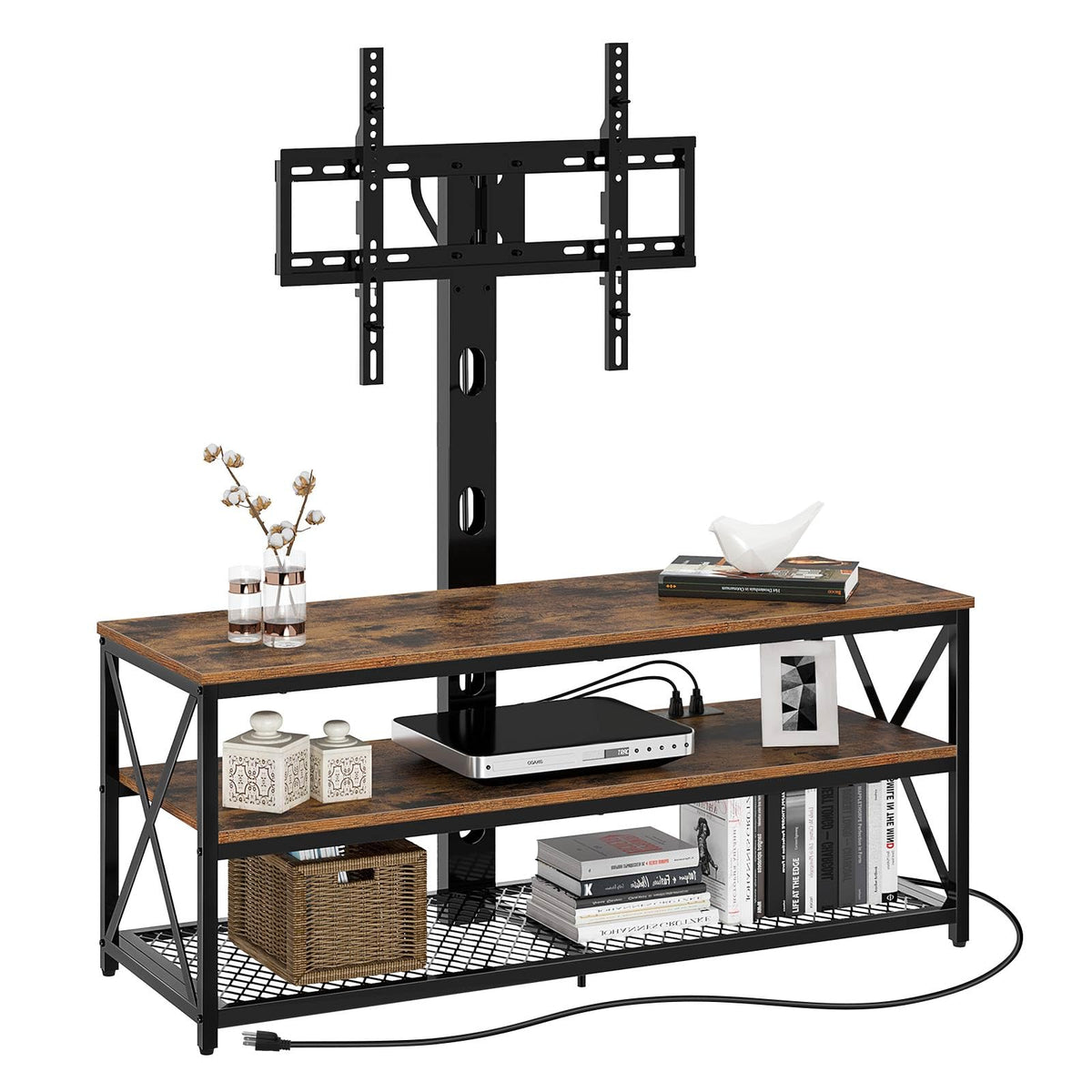 Seventable Tv Stand With Mount And Power Outlet 43', Swivel Tv Stand Mount For 32/45/55/60/65/70 Inch Tvs, Height Adjustable Tv Entertainment Center With Cable Management, Rustic Brown