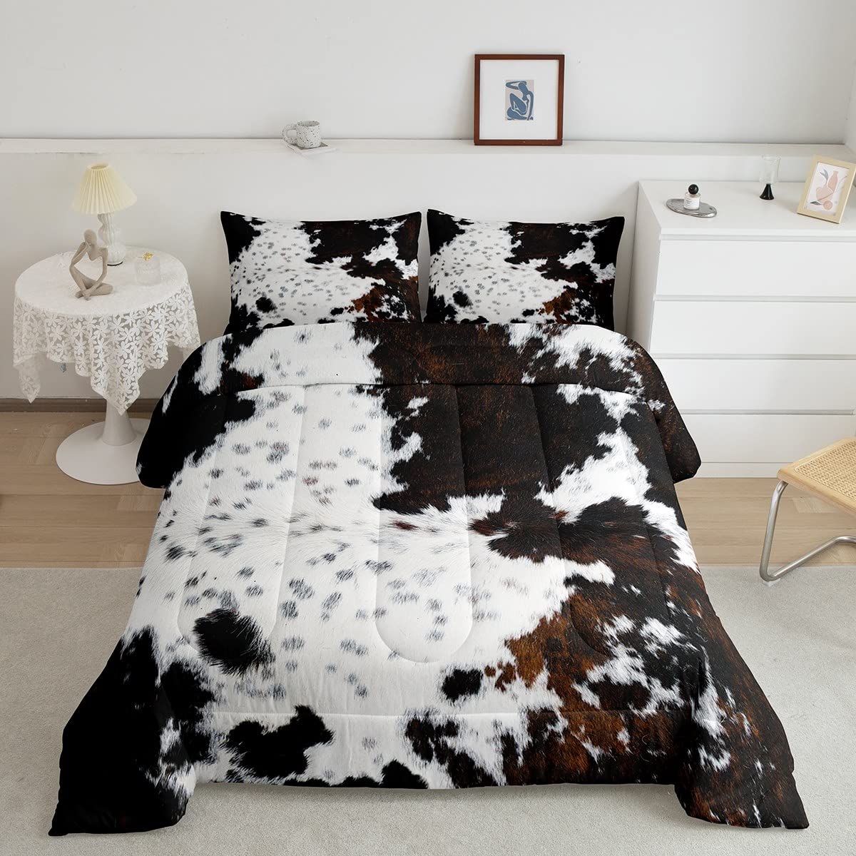 Manfei Abstract Cow Fur Comforter Set Twin Size, White Black Brown Cowhide Print Bedding Set For Kids Boys Teens Room Decor, Ani