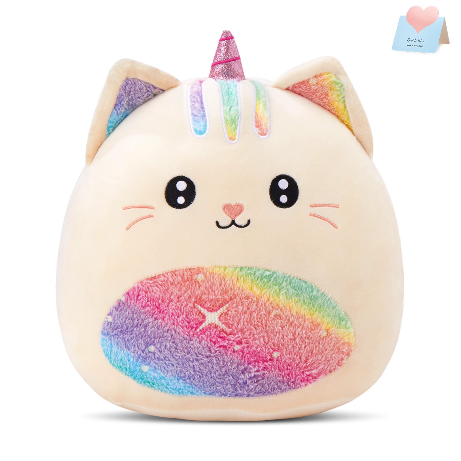 Athionsu 14-Inch Unicorn Cat Plush Pillow Soft And Cuddly Stuffed Animal Toy For Toddler Girls And Boys, Cute Rainbow Belly Plus