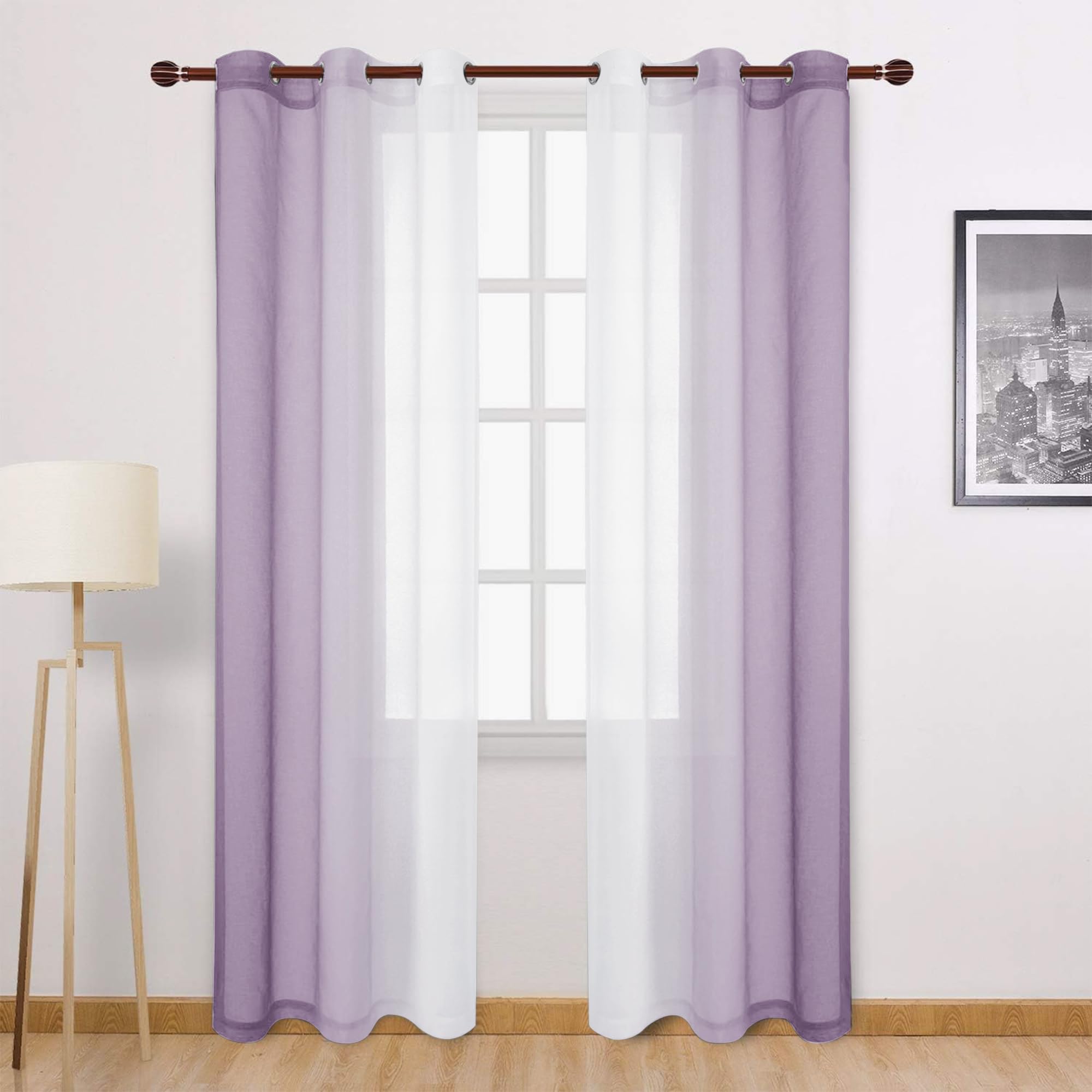 DWCN Ombre Sheer Curtains - 84 inches Long Faux Linen Gradient Semi Voile Curtains for Bedroom and Living Room, Set of 2 Grommet