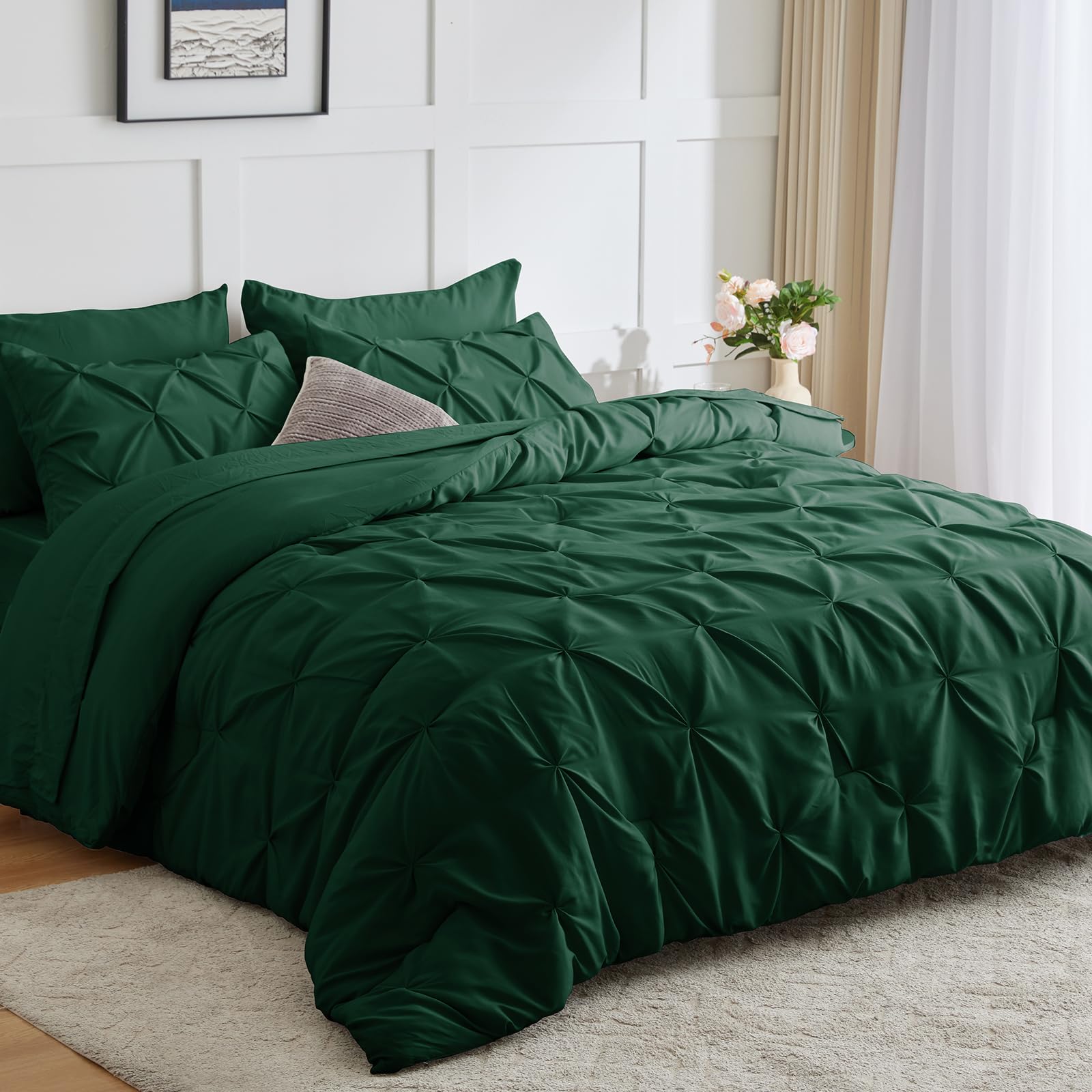 Cozylux Queen Comforter Set - 7 Pieces Bed In A Bag Dark Emerald Green, Pintuck Comforters Pinch Pleat Bedding Sets With All Sea