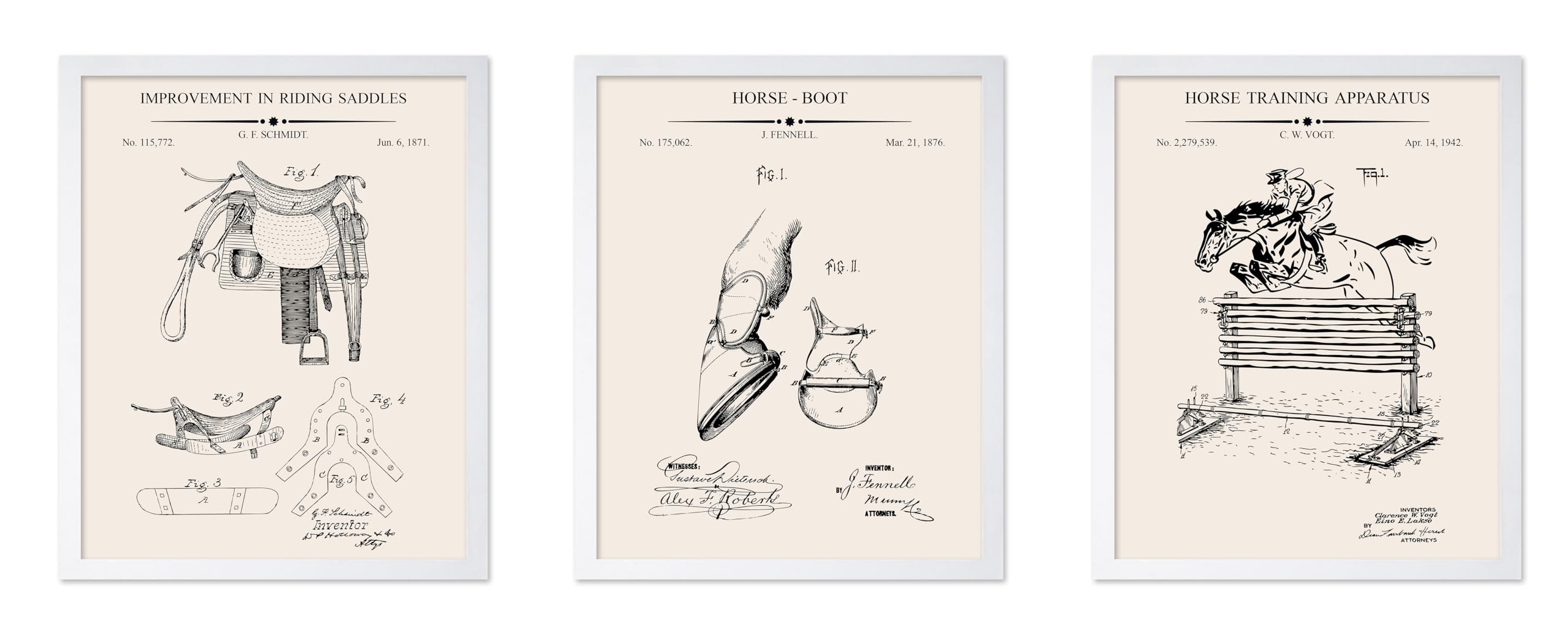 Poster Master 3-Piece Equestrian Blueprint Poster - Riding Saddles Patent Print - Horse Boot Art - Horse Training Apparatus Art 
