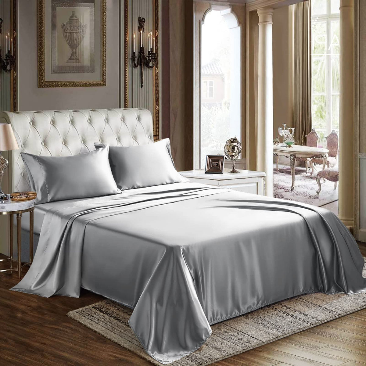 Cozylux Satin Sheets California King Size - 4 Piece Light Grey Bed Sheet Set With Silky Microfiber, 1 Deep Pocket Fitted Sheet,