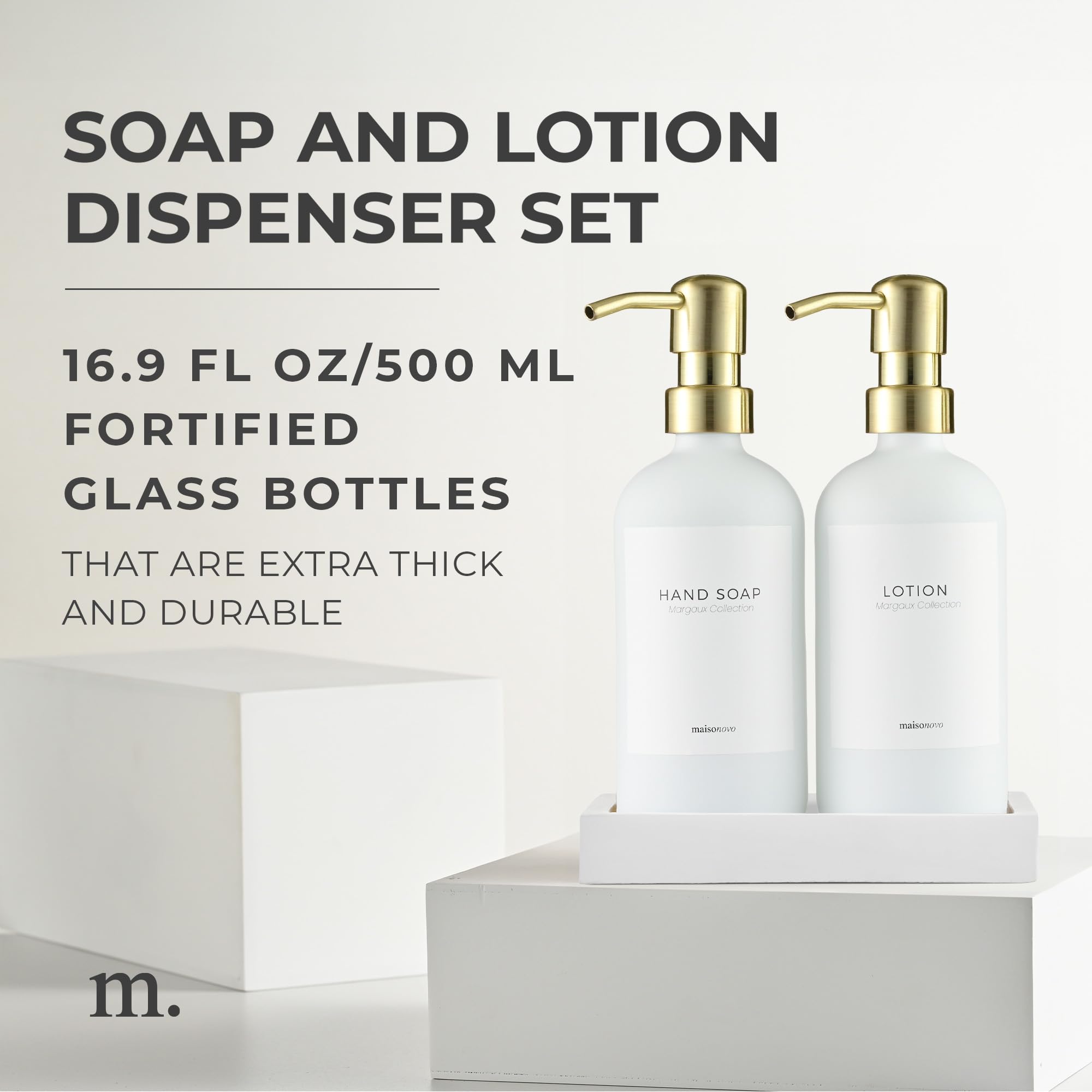 Maisonovo Soap And Lotion Dispenser Set - 16.9 Fl Oz White Hand Soap Dispenser Glass With Gold Pump Set Of 2 And Concrete Tray