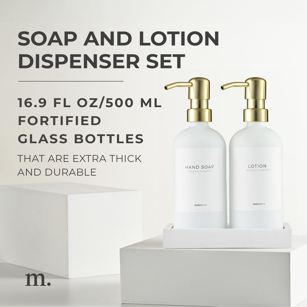 Maisonovo Soap And Lotion Dispenser Set - 16.9 Fl Oz White Hand Soap Dispenser Glass With Gold Pump Set Of 2 And Concrete Tray