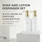 Maisonovo Soap And Lotion Dispenser Set - 16.9 Fl Oz White Hand Soap Dispenser Glass With Gold Pump Set Of 2 And Concrete Tray