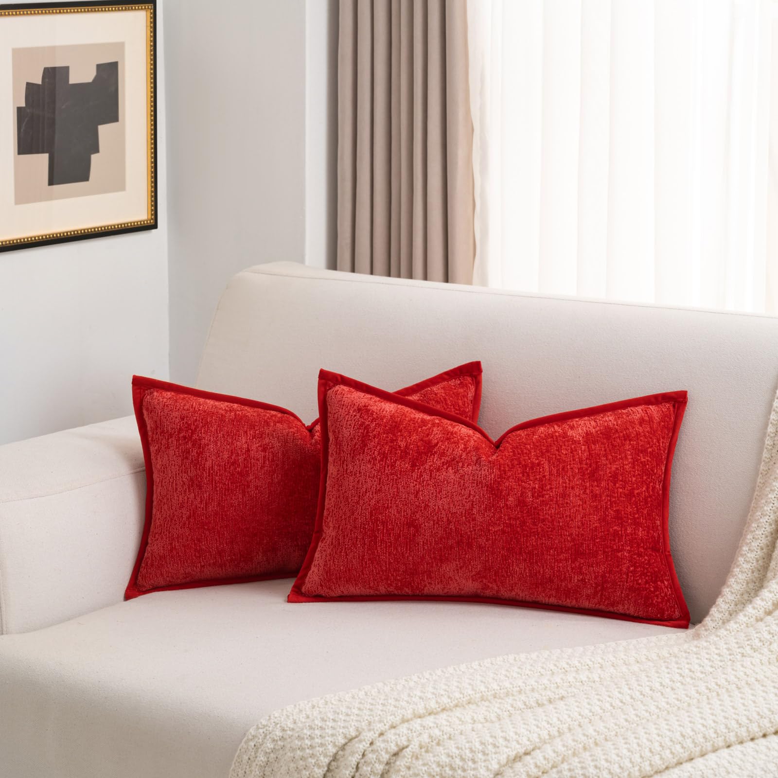 Futei Red Chenille Throw Pillow Covers 12X20 Inch Set Of 2,Soft Velvet Lumbar Pillow Cases,Home Decor For Couch Bed Living Room