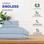 Thread Spread Luxury Egyptian Cotton Queen Stripe Sheet Set, 600 Thread Count Extra Long Staple 4 Pc Set, Queen Damask Sheets, Soft, Cooling Sateen Weave Sheets Upto 18' Deep Pocket - Light Blue