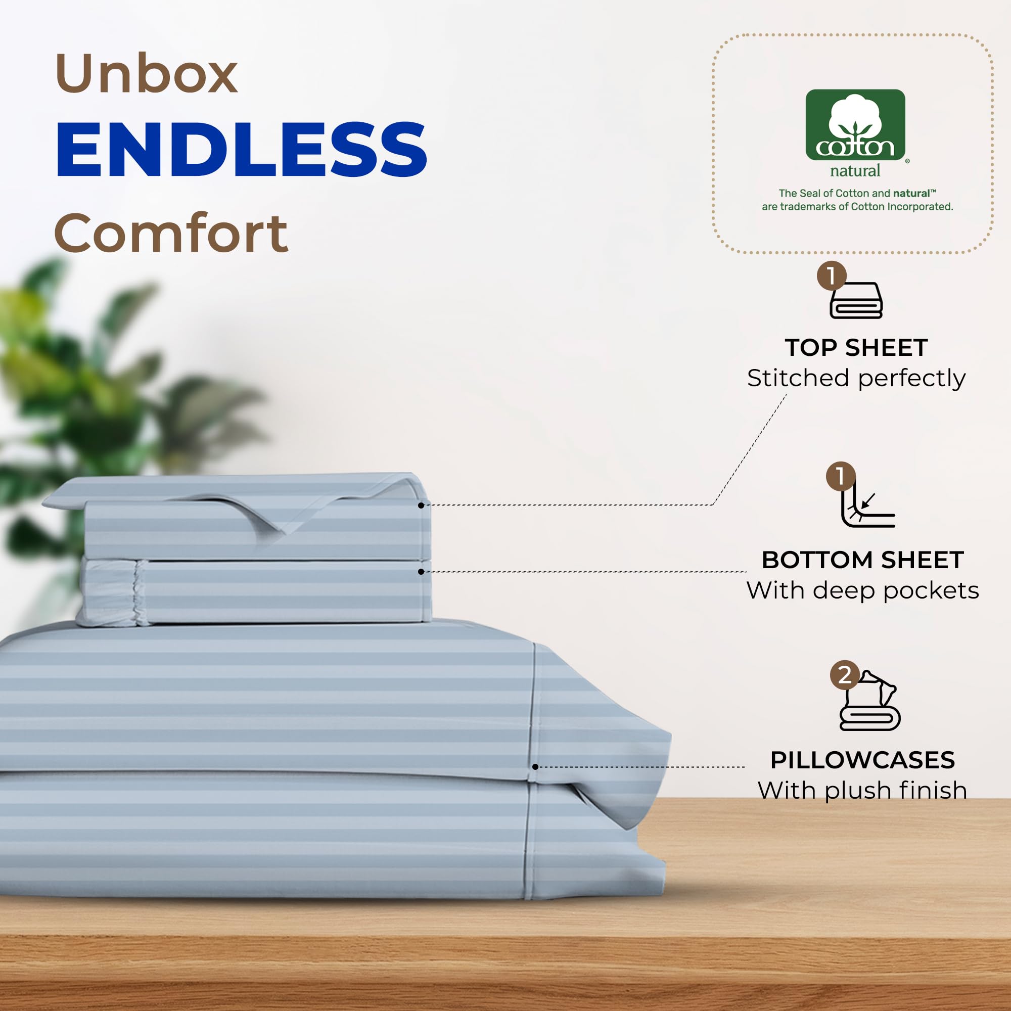 Thread Spread Luxury Egyptian Cotton Queen Stripe Sheet Set, 600 Thread Count Extra Long Staple 4 Pc Set, Queen Damask Sheets, Soft, Cooling Sateen Weave Sheets Upto 18' Deep Pocket - Light Blue