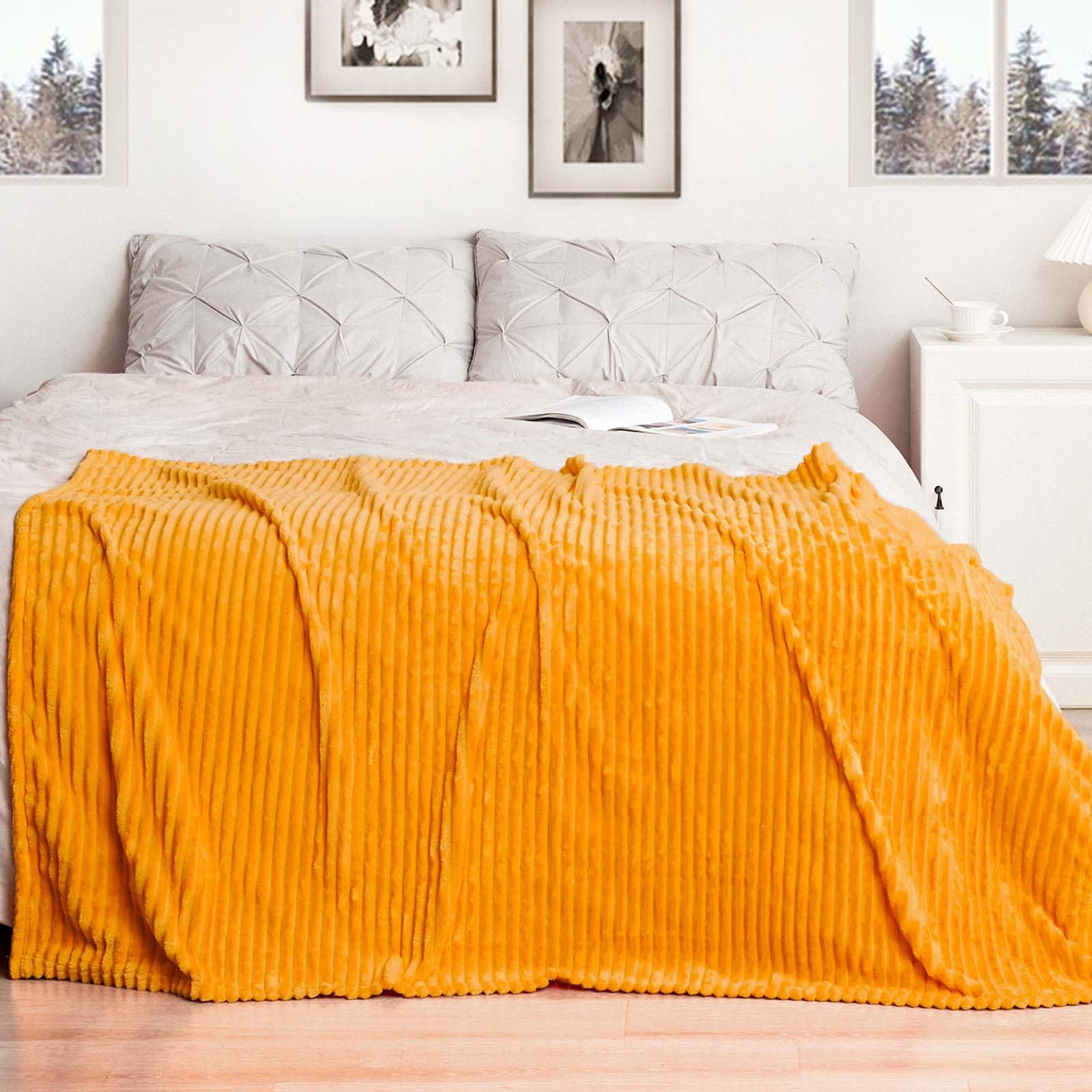 Vessia Flannel Fleece Throw Blanket For Couch,Sofa,Bed(50X70Inch), 300Gsm Microfiber Orange Striped Chair Blanket For Adults And