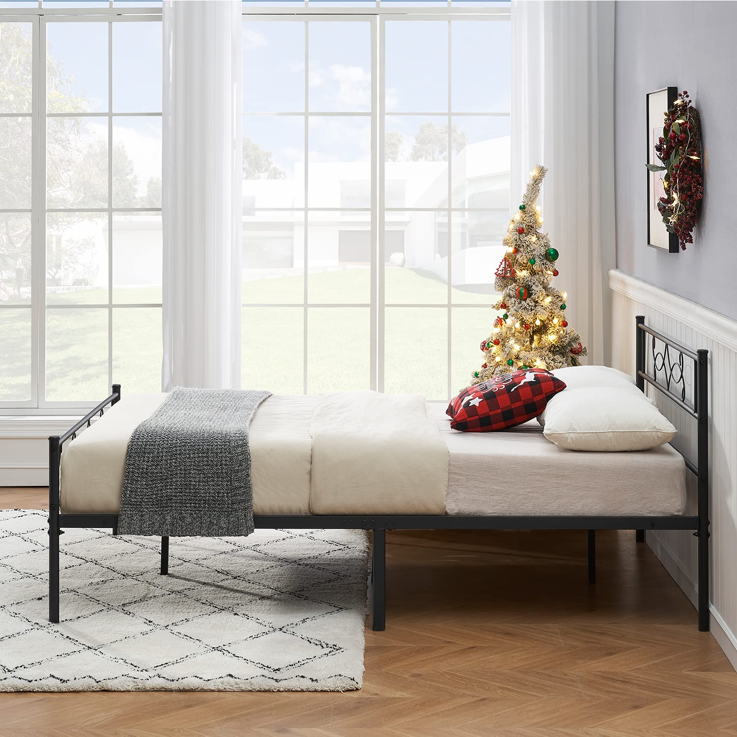 Vecelo 14' Metal Platform Bed Frame With Headboard,Premium Steel Slat Support No Box Spring Needed,Noise-Free Anti-Slip,Easy Assembly(Queen Size)