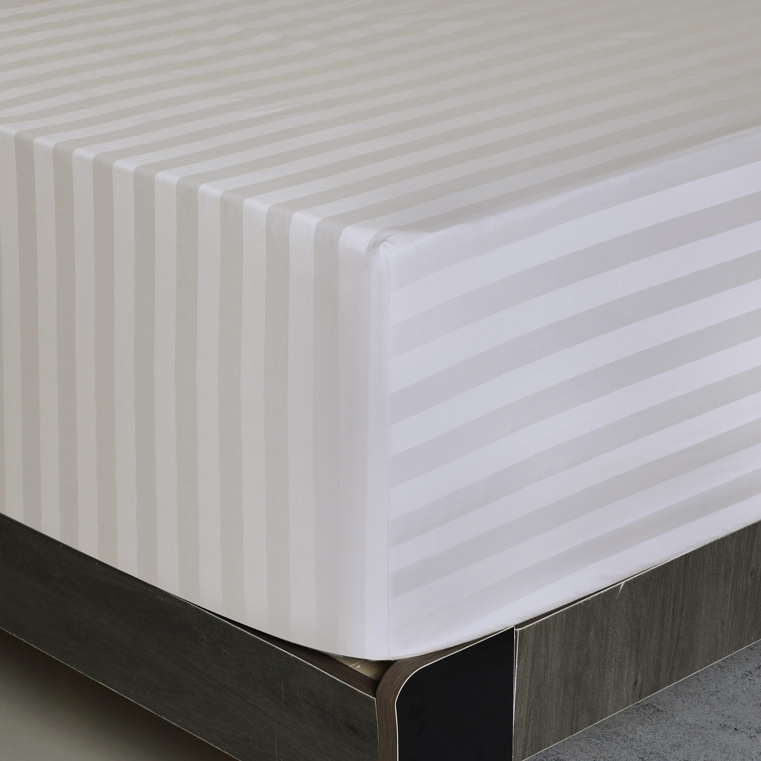 Full Size Striped Fitted Sheet Only Light Beige Color, 100% Egyptian Cotton 600 Thread Count, 16'' Deep Pocket Premium Cotton Ma