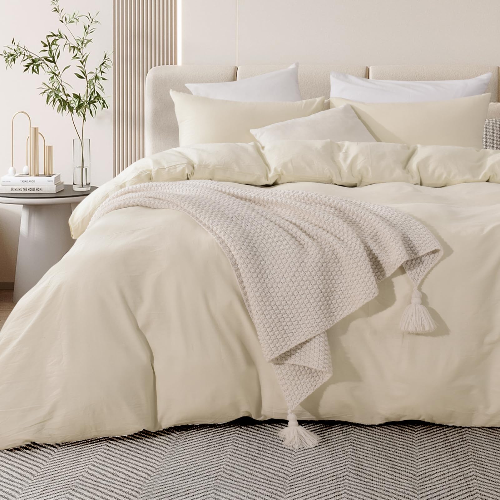Nexhome Pro Duvet Cover Set 100% Washed Cotton Full Size Linen Feel Textured Organic Natural 3 Pieces Bedding Set With Zipper Closure And Corner Ties, Breathable(Cream Grey, No Comforter)
