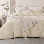 Nexhome Pro Duvet Cover Set Oversized Queen 98'X98' Linen Feel Textured Cream Grey Organic Natural 100% Washed Cotton Duvet Co