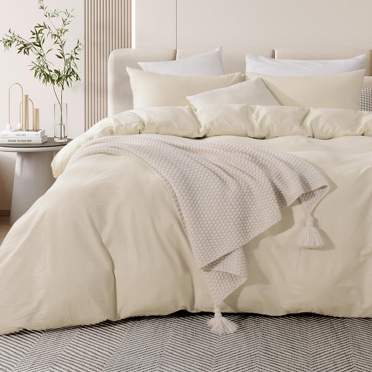 Nexhome Pro Duvet Cover Set Oversized Queen 92'X98' Linen Feel Cream Grey Organic Natural 100% Washed Cotton Duvet Cover 3 Pie